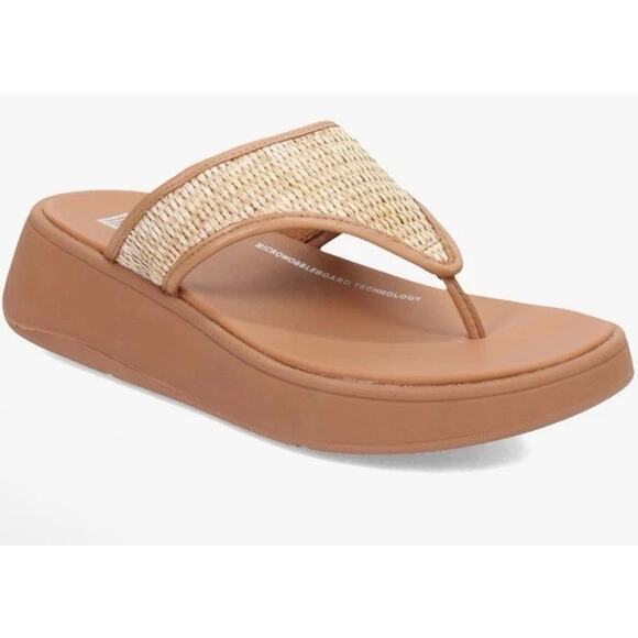 FitFlop Women’s 10 F-Mode Woven Raffia Platform Tan Toe Post Sandals NEW NIB - Picture 1 of 16